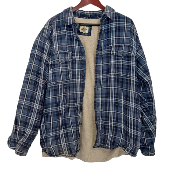 Levi's Sherpa Lined Plaid Flannel Shirt XL Blue Fleece Trucker Jacket Shacket.